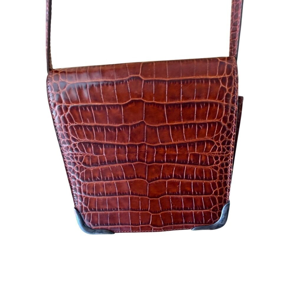 Ralph Lauren Womens Brown Croc Embossed Leather Bag Sterling Silver Hardware